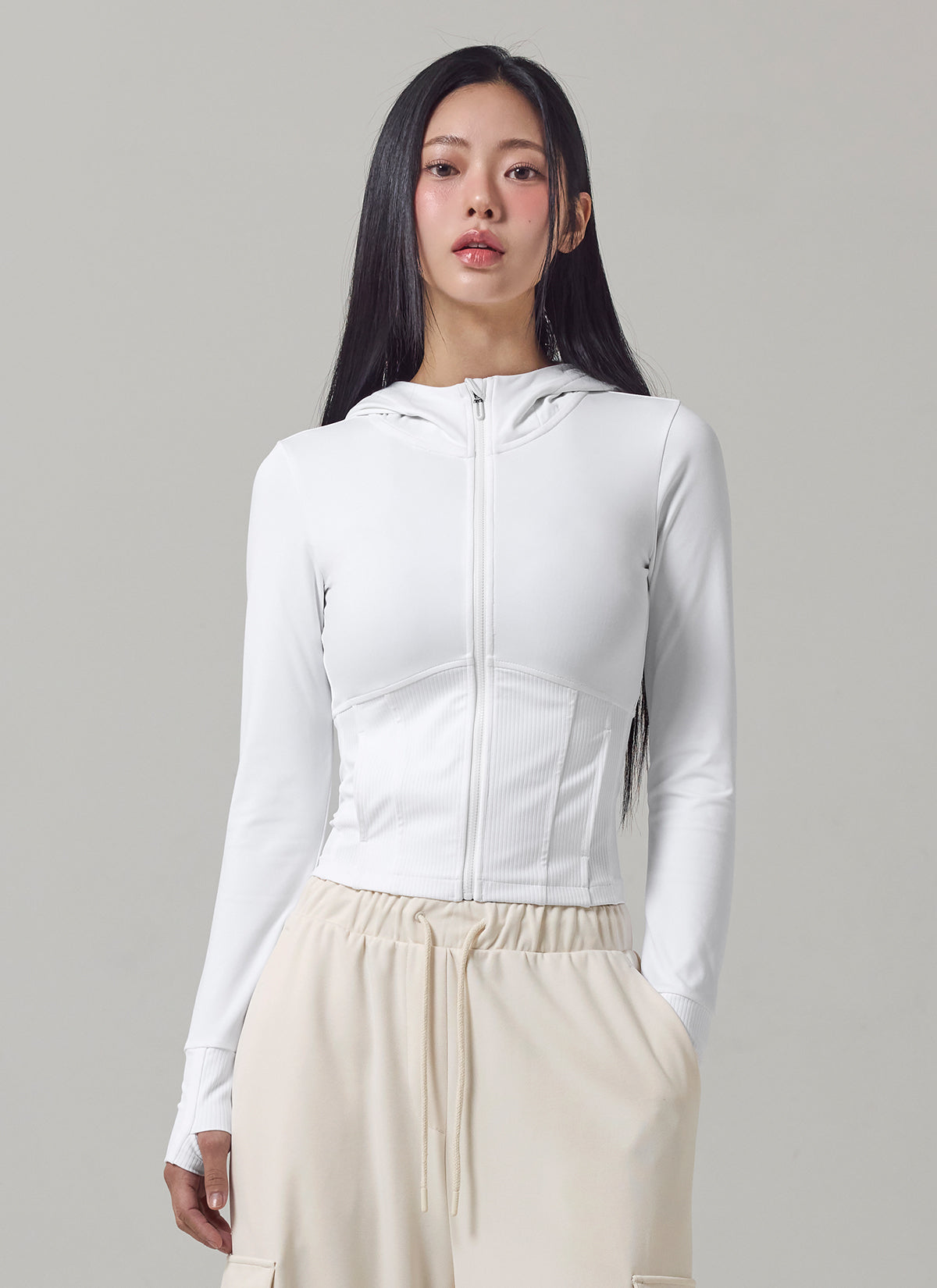 Soft Ribbed Mix Hoodie Zip-up Jacket