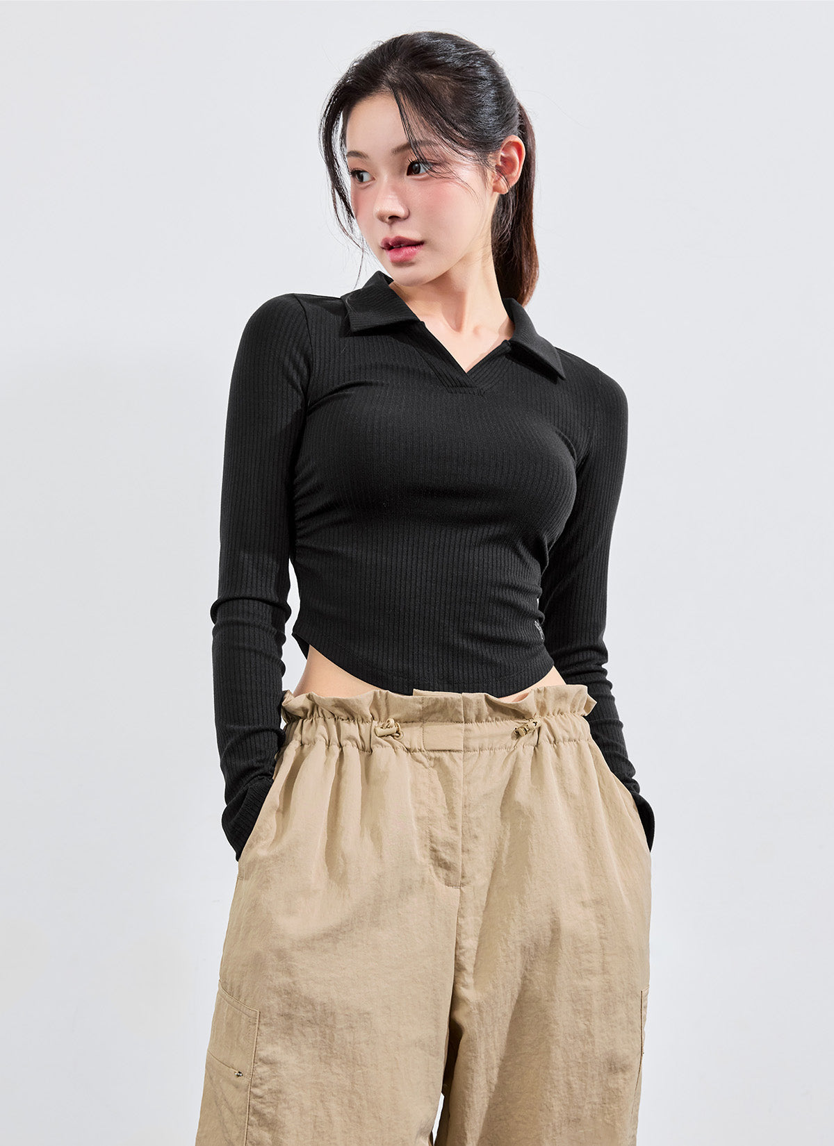 Soft Ribbed Open Collar Long Sleeve