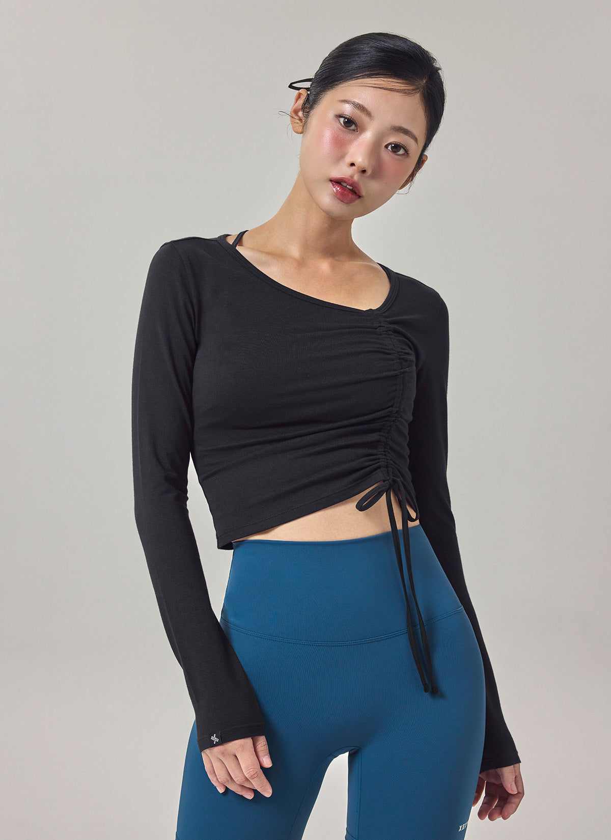 Unbalanced Neck Shirring Long Sleeve